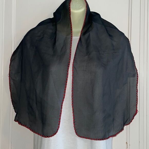 Vintage black chiffon polyester scarf with red crochet border - Picture 1 of 6